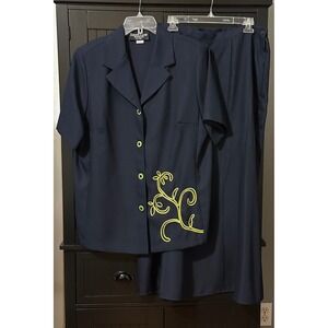 VTG Russell Kemp New York Skirt Set Size 16 Navy Embroidered Classic Luxury